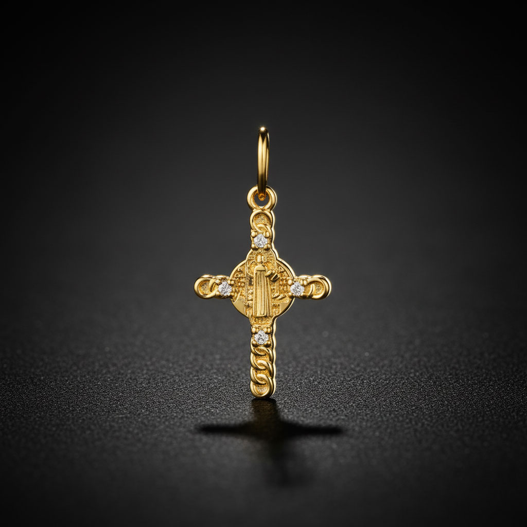Dije Cruz de San Benito (Tejido Entrelazado y Circonias) de 2 cms